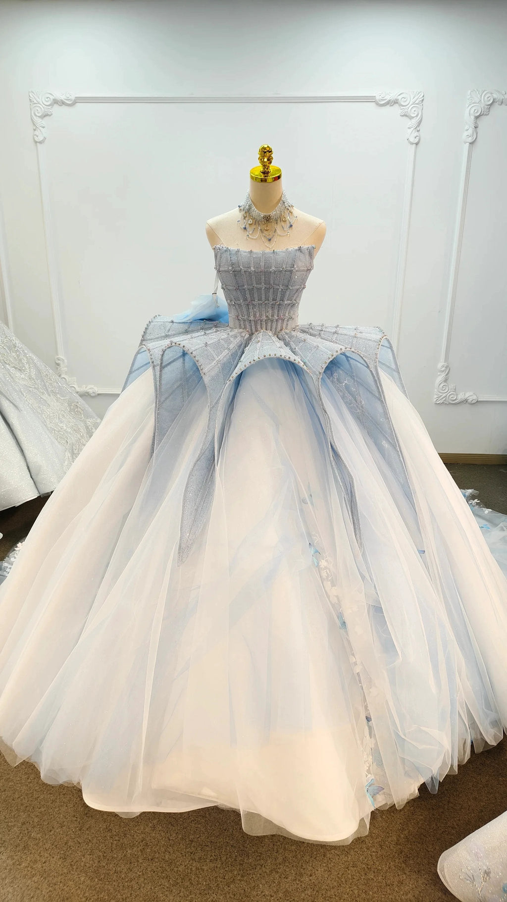 Enchanting Light Blue Ball Gown Strapless Beaded Mesh Wedding Dress with 3D Butterfly Accents Ye-2016