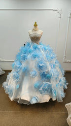 Enchanting Light Blue Strapless Ball Gown Wedding Dress with Crystal Beaded Bodice & 3D Organza Flowers Ye-2024