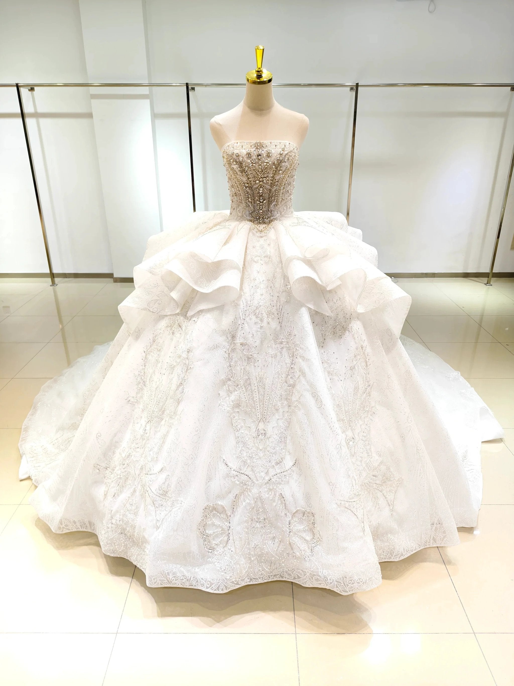White Gleam Strapless Ballgown Beaded Bust & Ruffled Train