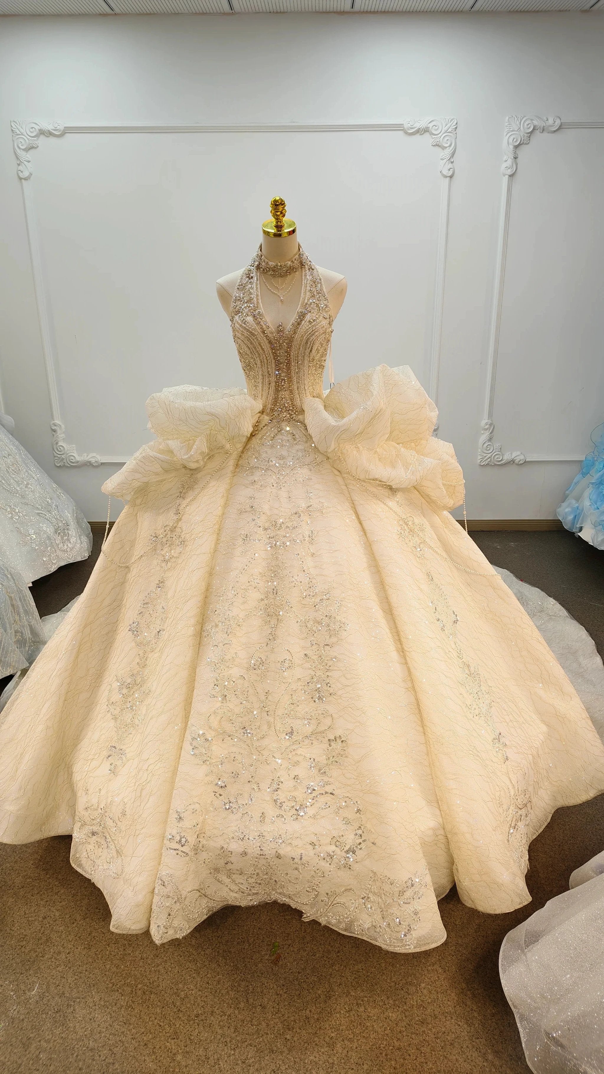 Lavish Halter-Neck Ball Gown Wedding Dress with Pearl Crystal Embroidery & Ruffled Tulle Skirt Ye-2034