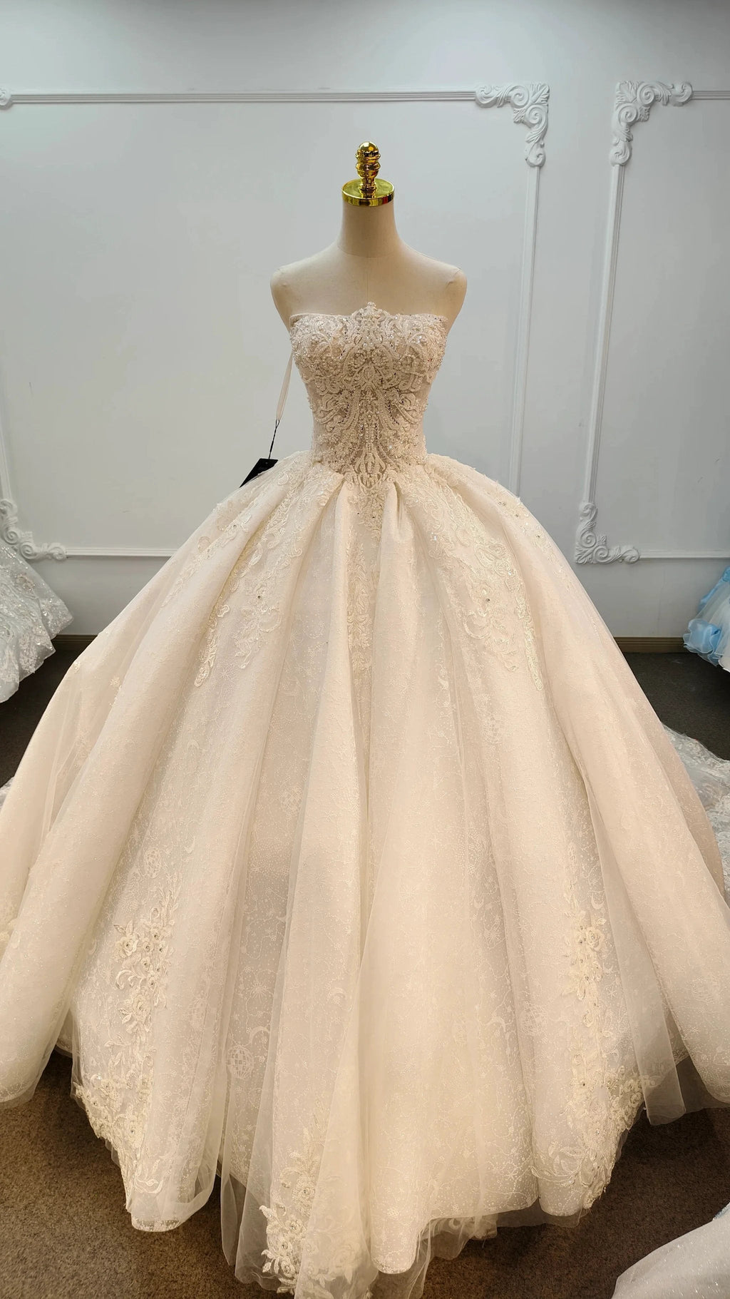 Opulent Strapless Ball Gown Wedding Dress with Pearl Beaded Lace, Sequin Tulle & Corset Lace-Up Back Ye-2030