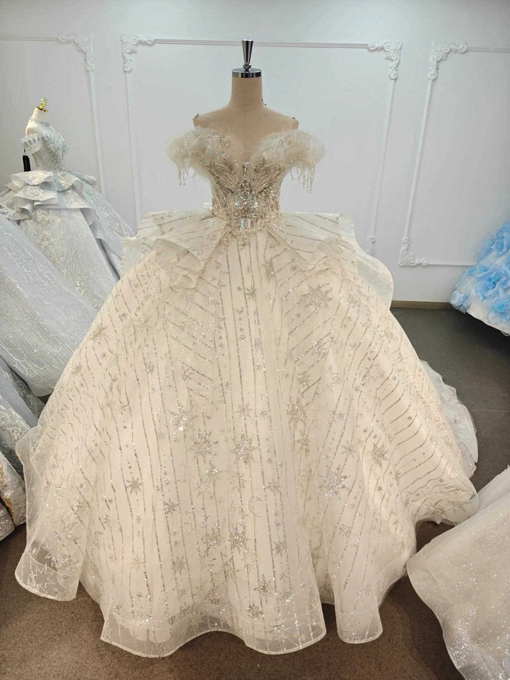 Ivory Starlight Off-Shoulder Ballgown Celestial Sequin Skirt & Beaded Tassel Bodice