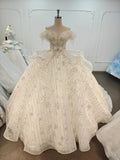 Ivory Starlight Off-Shoulder Ballgown Celestial Sequin Skirt & Beaded Tassel Bodice