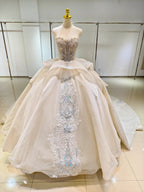 Ivory Glimmer Strapless Ballgown: Iridescent Beaded Bust & Flowing Train