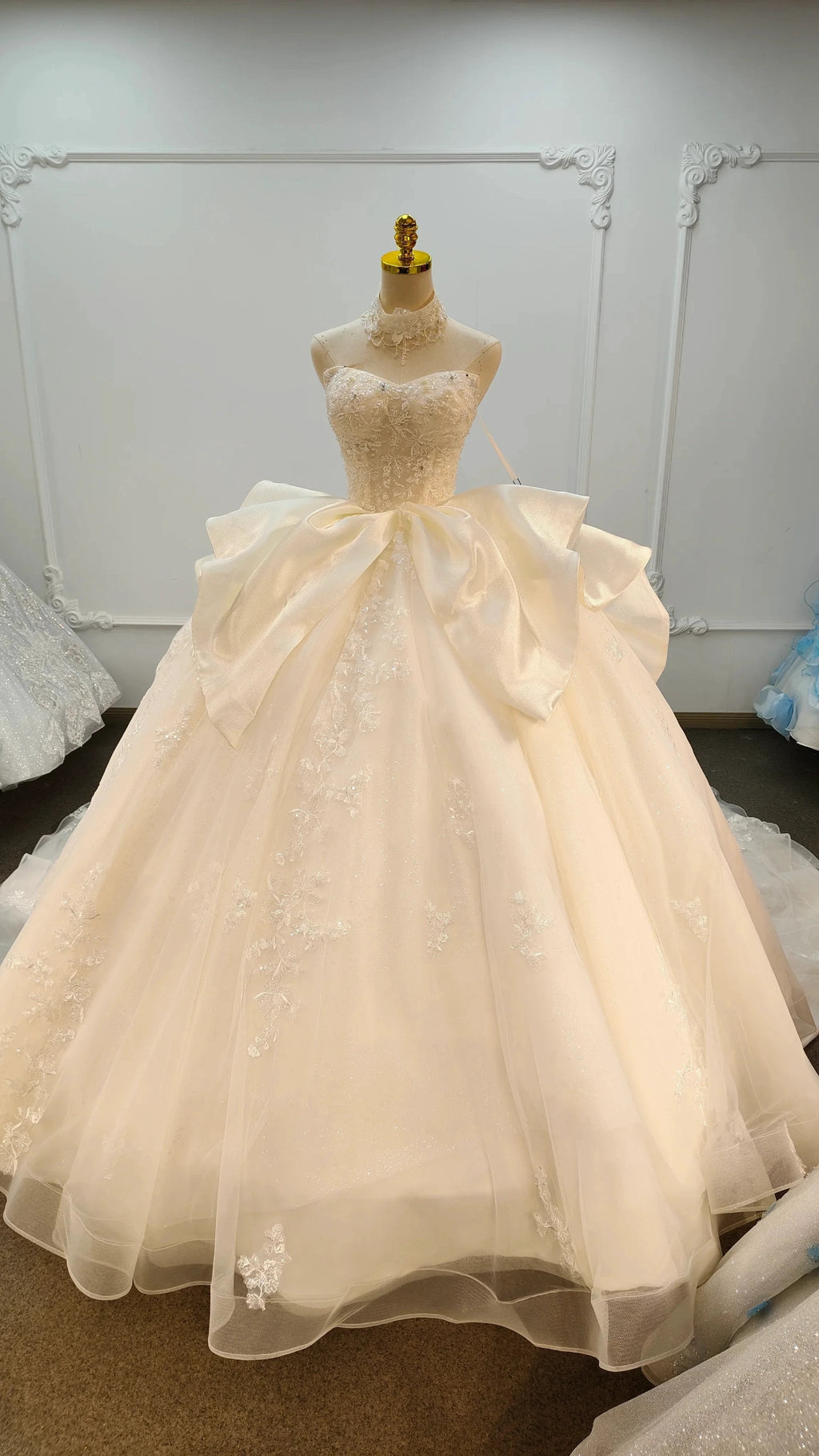 Ivory Lace Strapless Ballgown Choker Collar & Bow Skirt