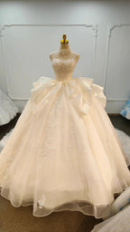 Ivory Lace Strapless Ballgown Choker Collar & Bow Skirt