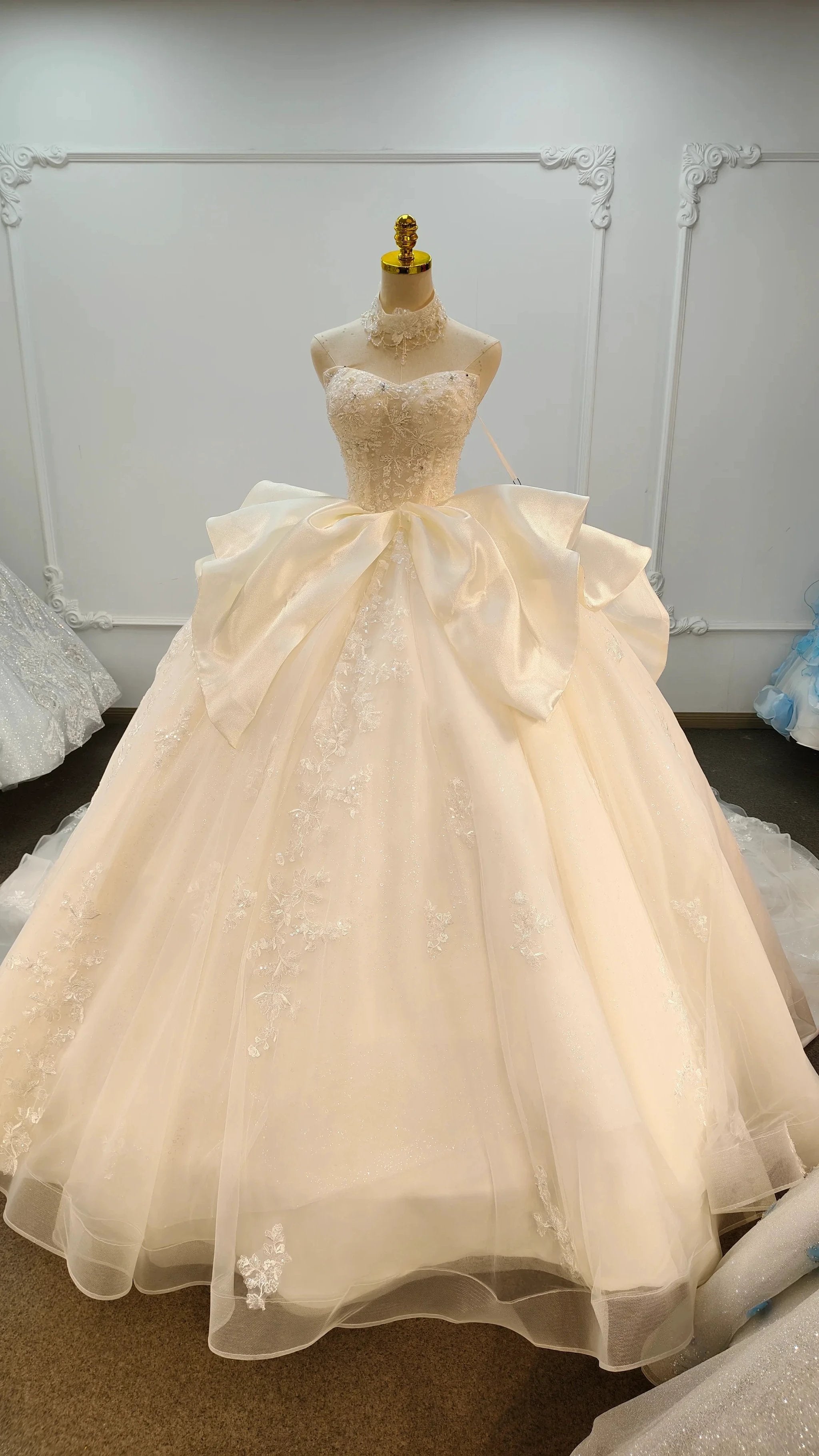 Ivory Lace Strapless Ballgown Choker Collar & Bow Skirt