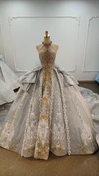 Regal Silver-Gold Ball Gown Halter Neck Beaded Embroidery Wedding Dress with Oversized Bows Ye-2018