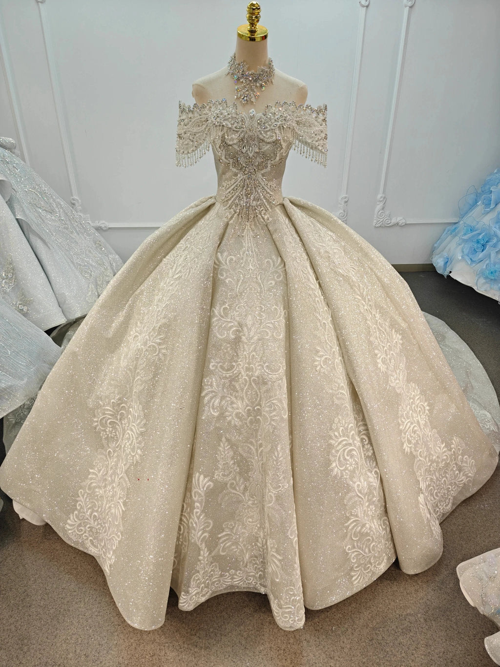Champagne Glimmer Off-Shoulder Ballgown Crystal Fringe Bust & Embroidered Train