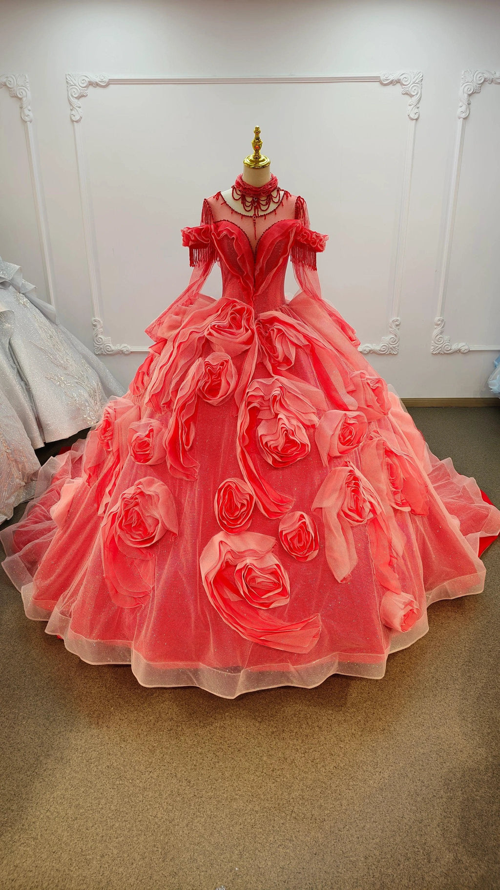 Vibrant Coral Red Off-the-Shoulder Ball Gown Wedding Dress with 3D Rose Appliqués & Beaded Tassels Ye-2036