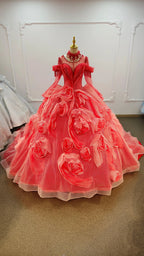 Vibrant Coral Red Off-the-Shoulder Ball Gown Wedding Dress with 3D Rose Appliqués & Beaded Tassels Ye-2036