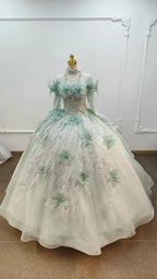 Fairy-Tale Mint Green High-Neck Ball Gown Wedding Dress with 3D Organza Flowers & Crystal Embroidery Ye-2025