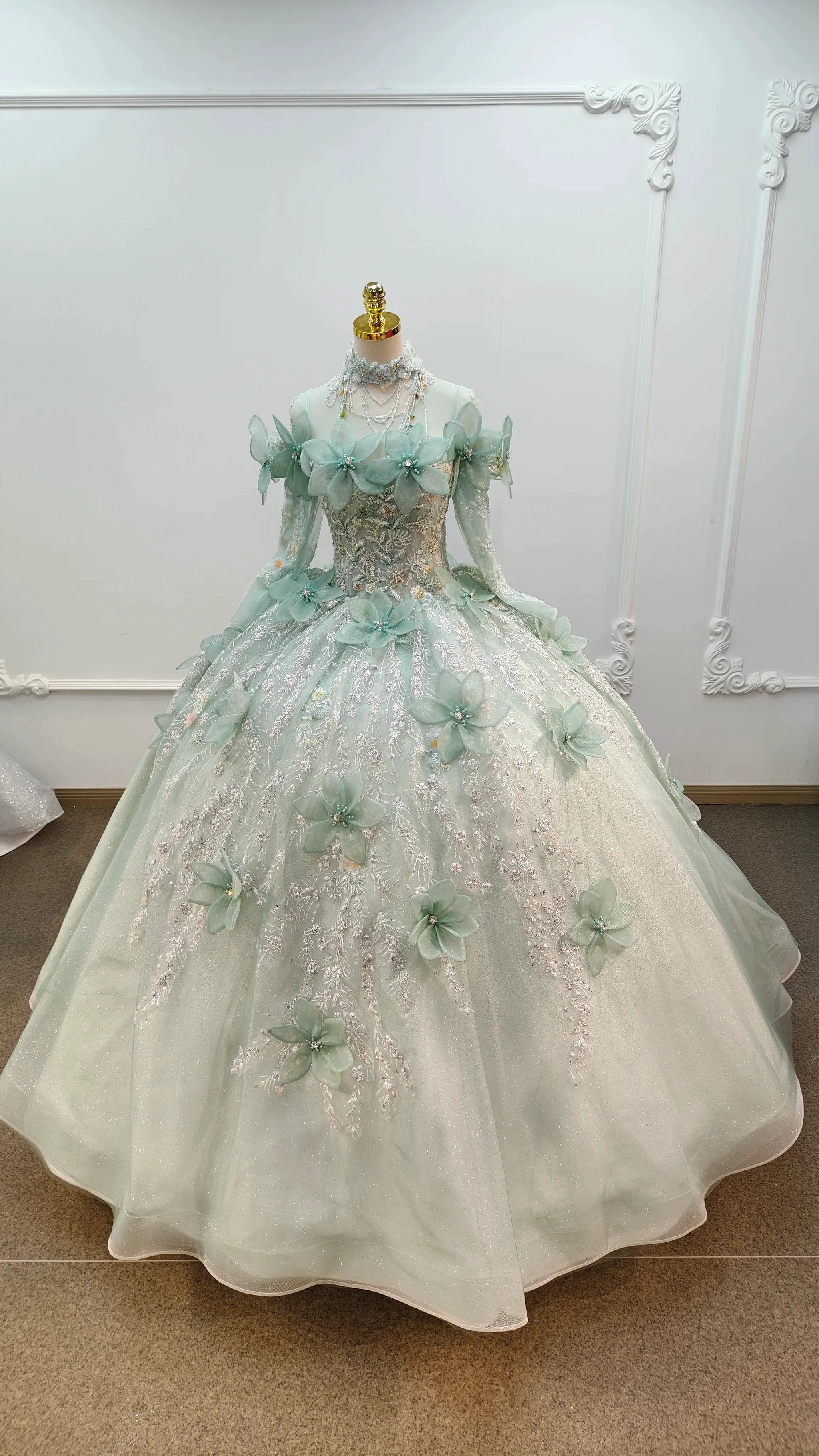 Fairy-Tale Mint Green High-Neck Ball Gown Wedding Dress with 3D Organza Flowers & Crystal Embroidery Ye-2025