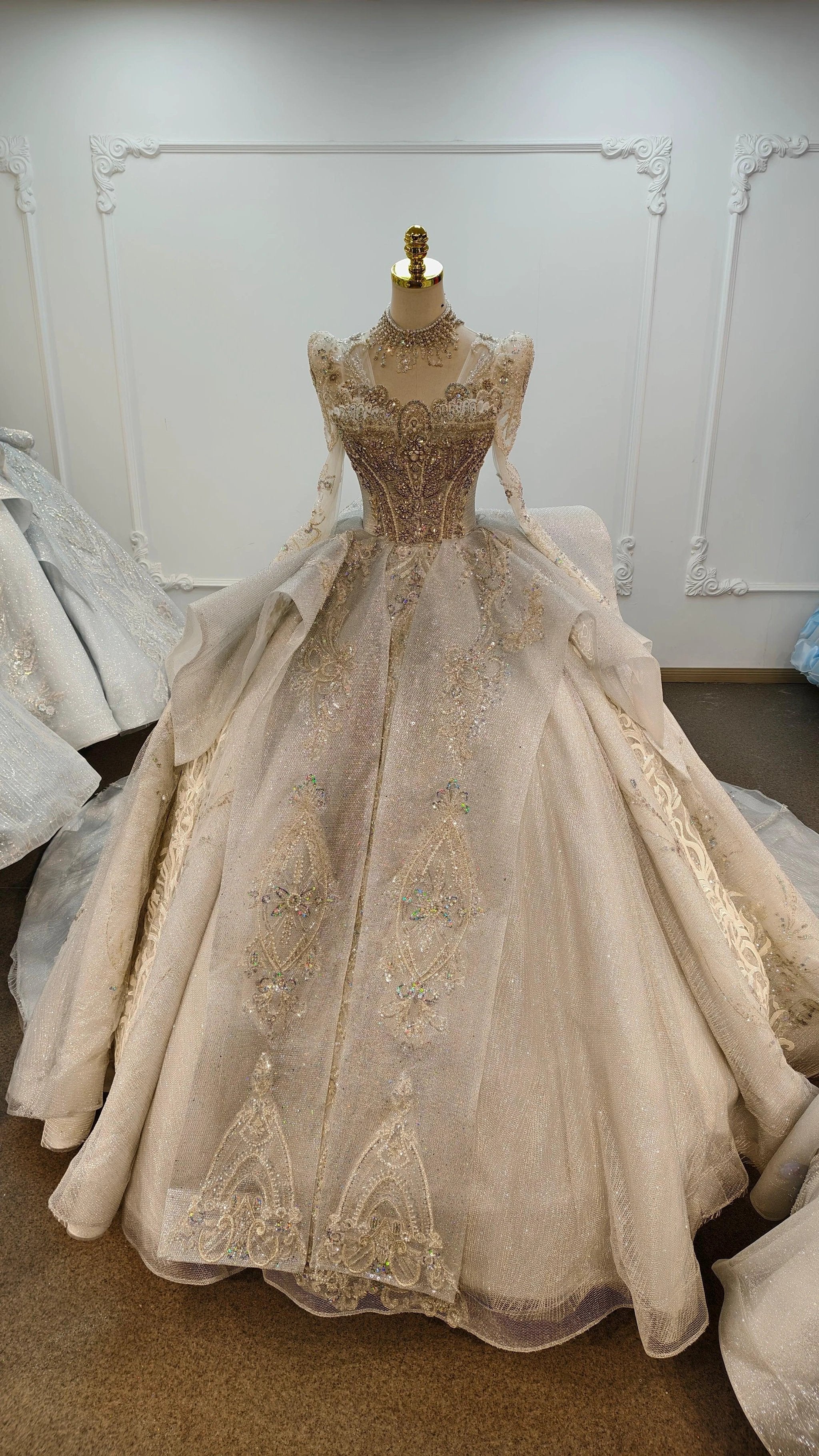 Gorgeous High-Neck Sequin Ball Gown Wedding Dress with Crystal Embroidery & Sheer Long Sleeves Ye-2021