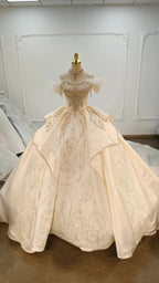 Champagne Glimmer Off-Shoulder Ballgown Crystal-Embroidered Skirt & Fringed Collar