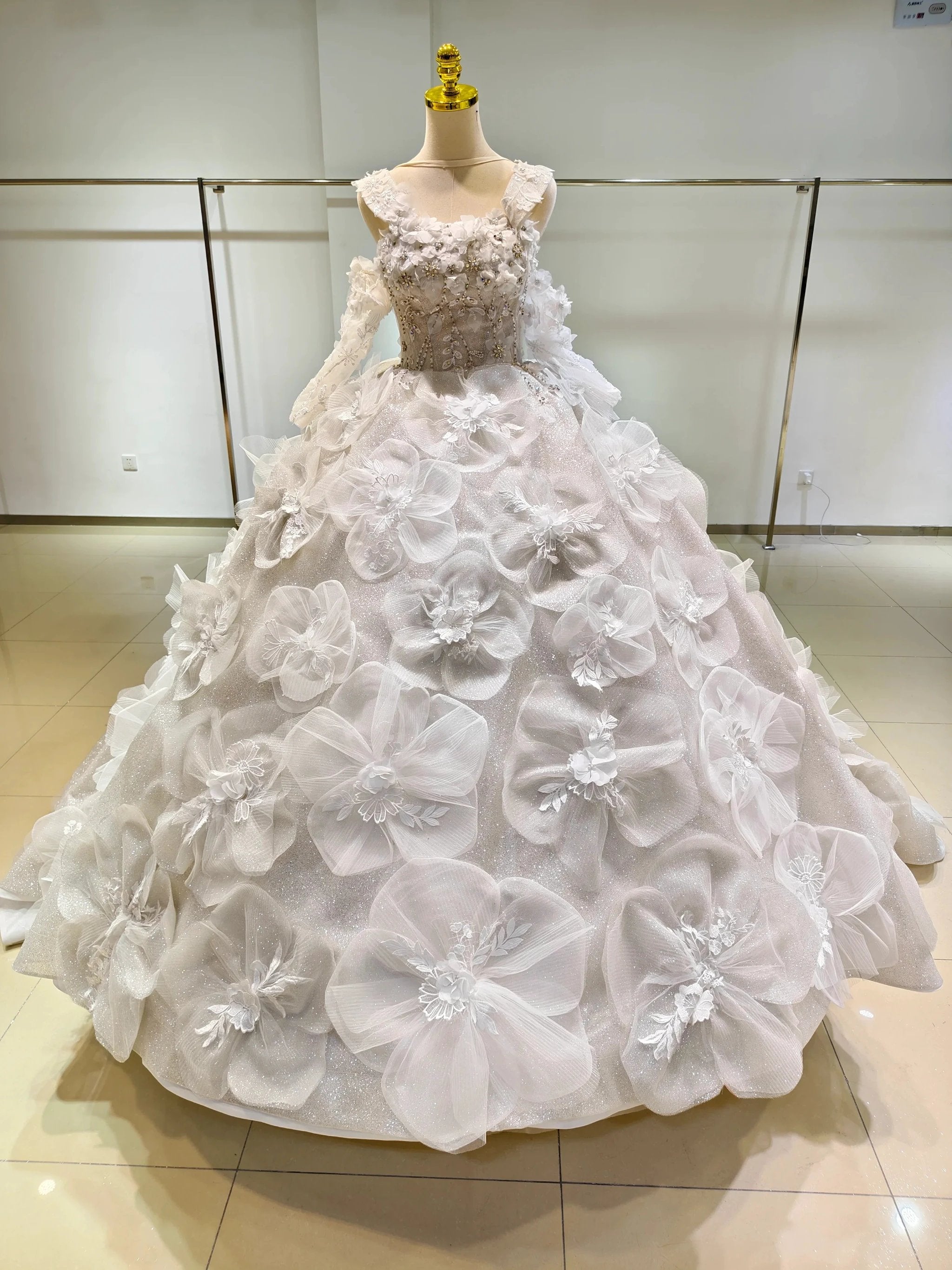 Ivory Petal Whisper Ballgown Organza Floral Bust & Bloom Train