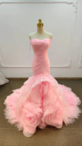 Romantic Blush Pink Strapless Mermaid Wedding Dress with Ruched Bodice & 3D Rose Tulle Skirt Ye-2033