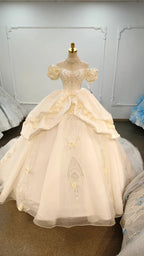 Ivory Rose Off-Shoulder Ballgown Beaded Bust & 3D Flower Skirt
