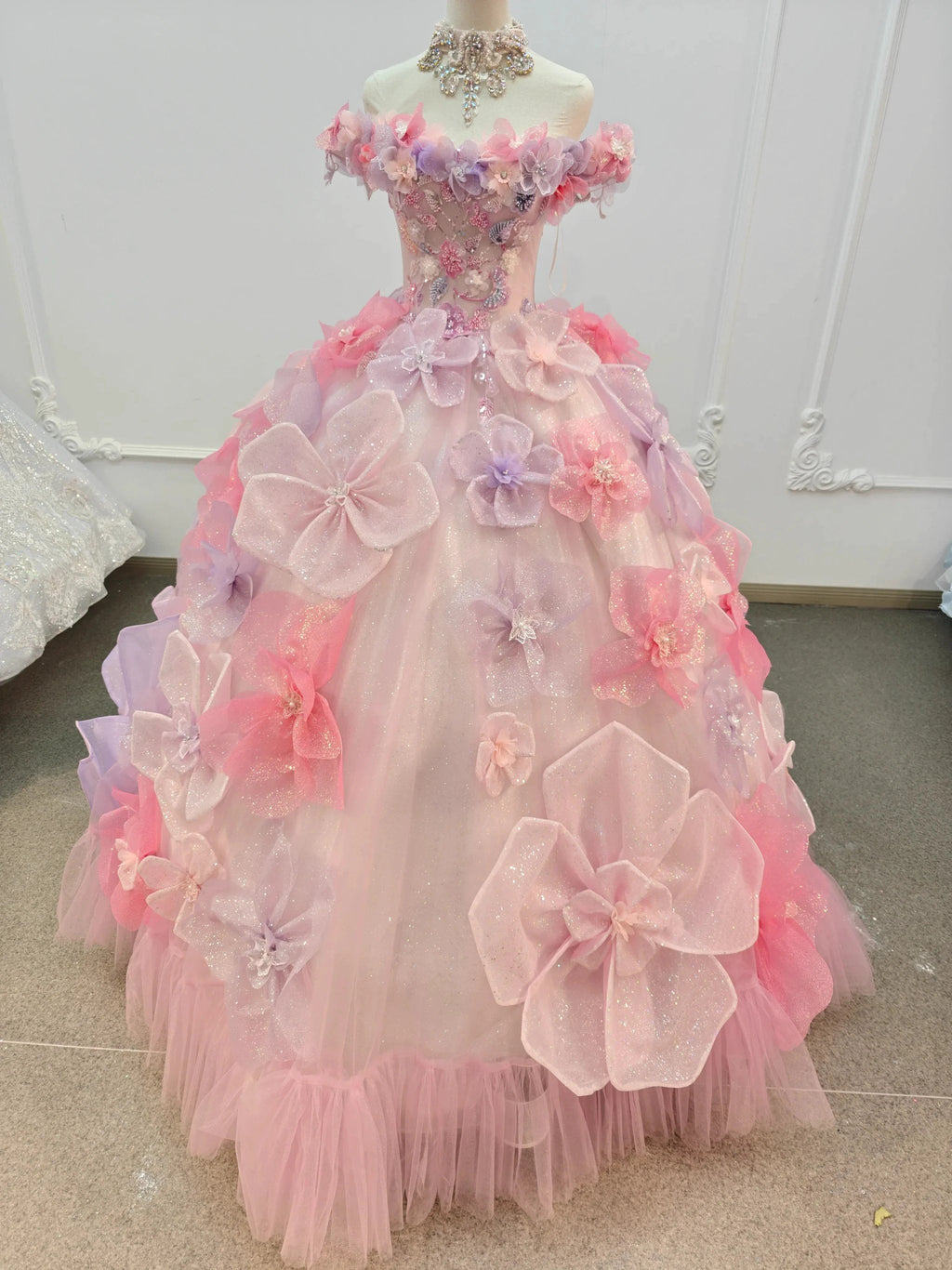 Enchanting Pastel Pink & Purple Off-the-Shoulder Ball Gown Wedding Dress with 3D Glitter Flowers & Crystal Collar Ye-2027