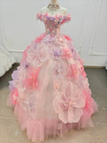 Enchanting Pastel Pink & Purple Off-the-Shoulder Ball Gown Wedding Dress with 3D Glitter Flowers & Crystal Collar Ye-2027