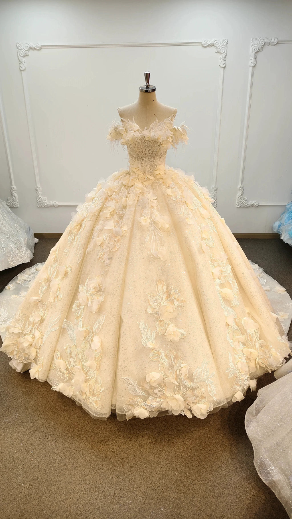 Ethereal Off-the-Shoulder Ball Gown Wedding Dress with 3D Floral Appliqués, Pearl Beading & Glitter Tulle Ye-2038