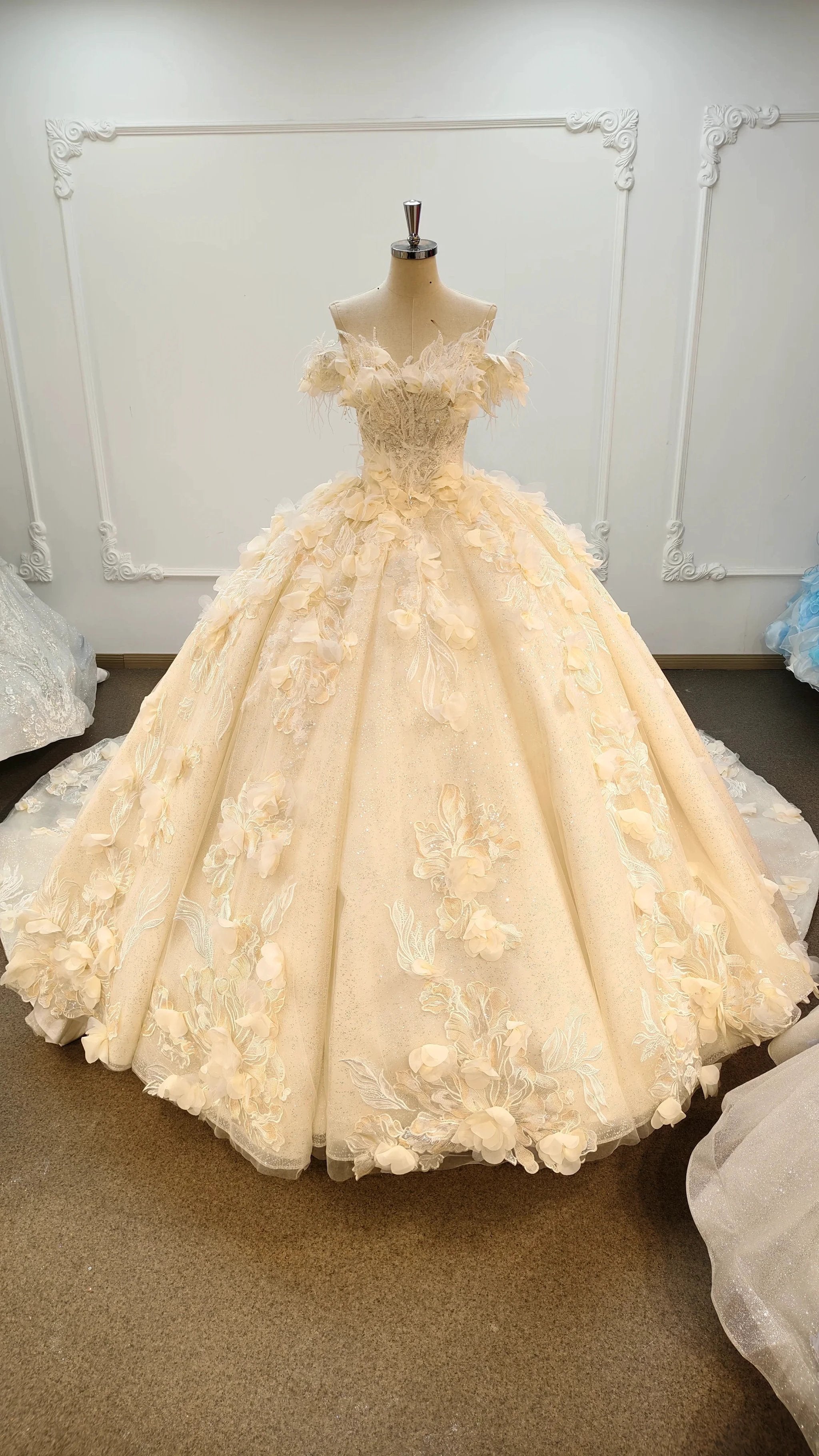 Ethereal Off-the-Shoulder Ball Gown Wedding Dress with 3D Floral Appliqués, Pearl Beading & Glitter Tulle Ye-2038