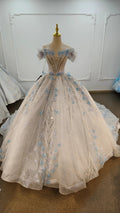Ethereal Off-the-Shoulder Ball Gown Wedding Dress with Sequin Tulle, 3D Pastel Florals & Feather Accents Ye-2028