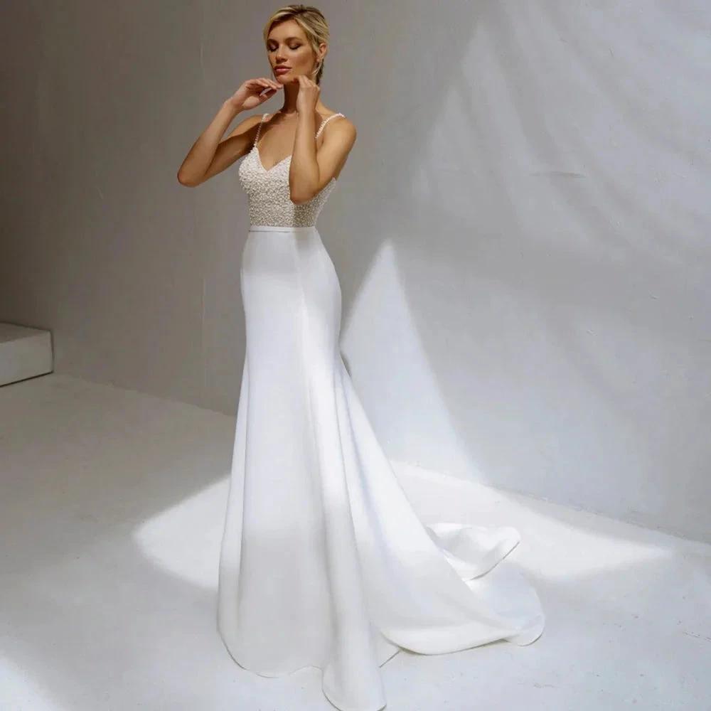 Shinning Sheath Pearl Wedding Dresses Spaghetti Strap Satiin Beads V-Neck For Women Robe De Mariée Formal Brides Gown