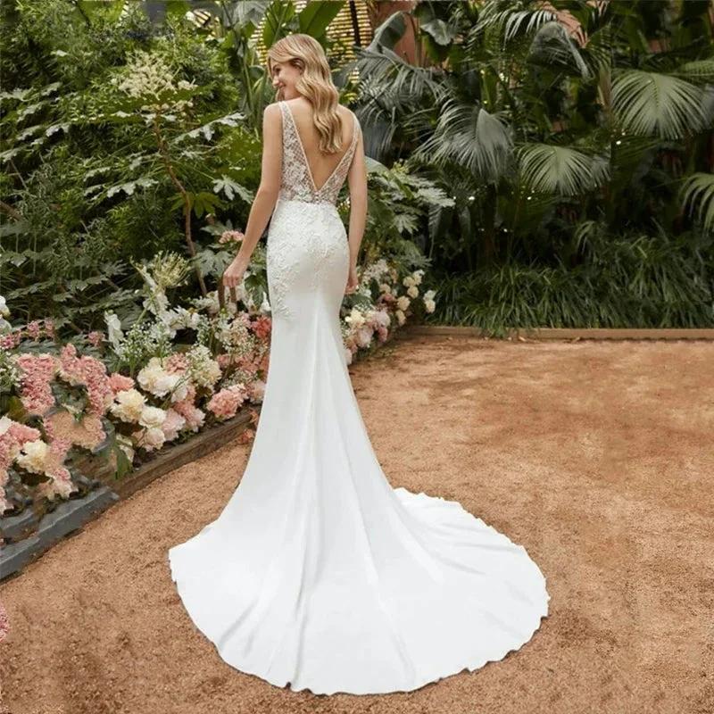 Sexy Lace Appliqued Wedding Dresses Princess Satin Mermaid Bridal Gowns For Bride Robe De Mariée Sweep Train Custom Made