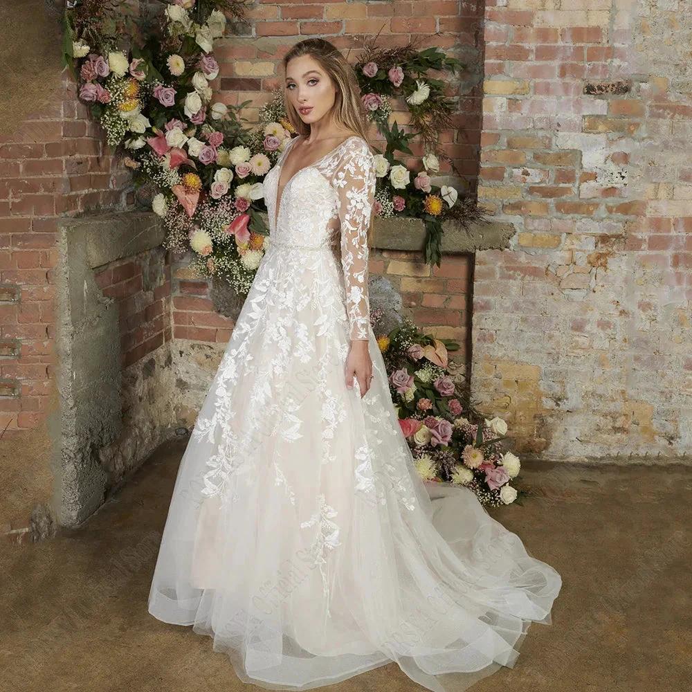 Light Champagne Modern Wedding Dresses Backless Applique Bride Gowns A-Line Tulle V-Neck Long Sleeves vestido de noiva