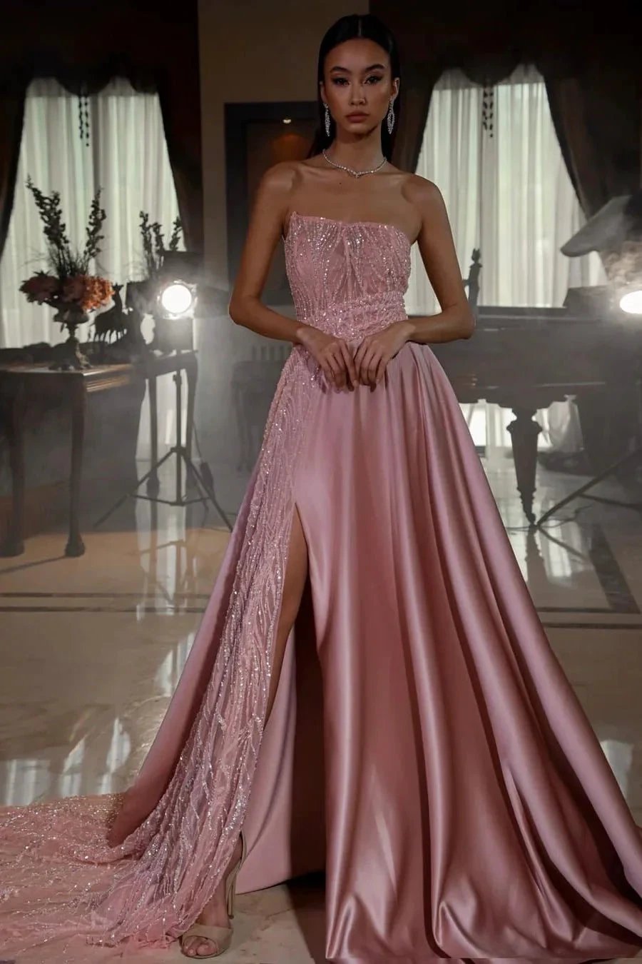 Long A-line Sequined Strapless Sleeveless Formal Prom Dress With Split