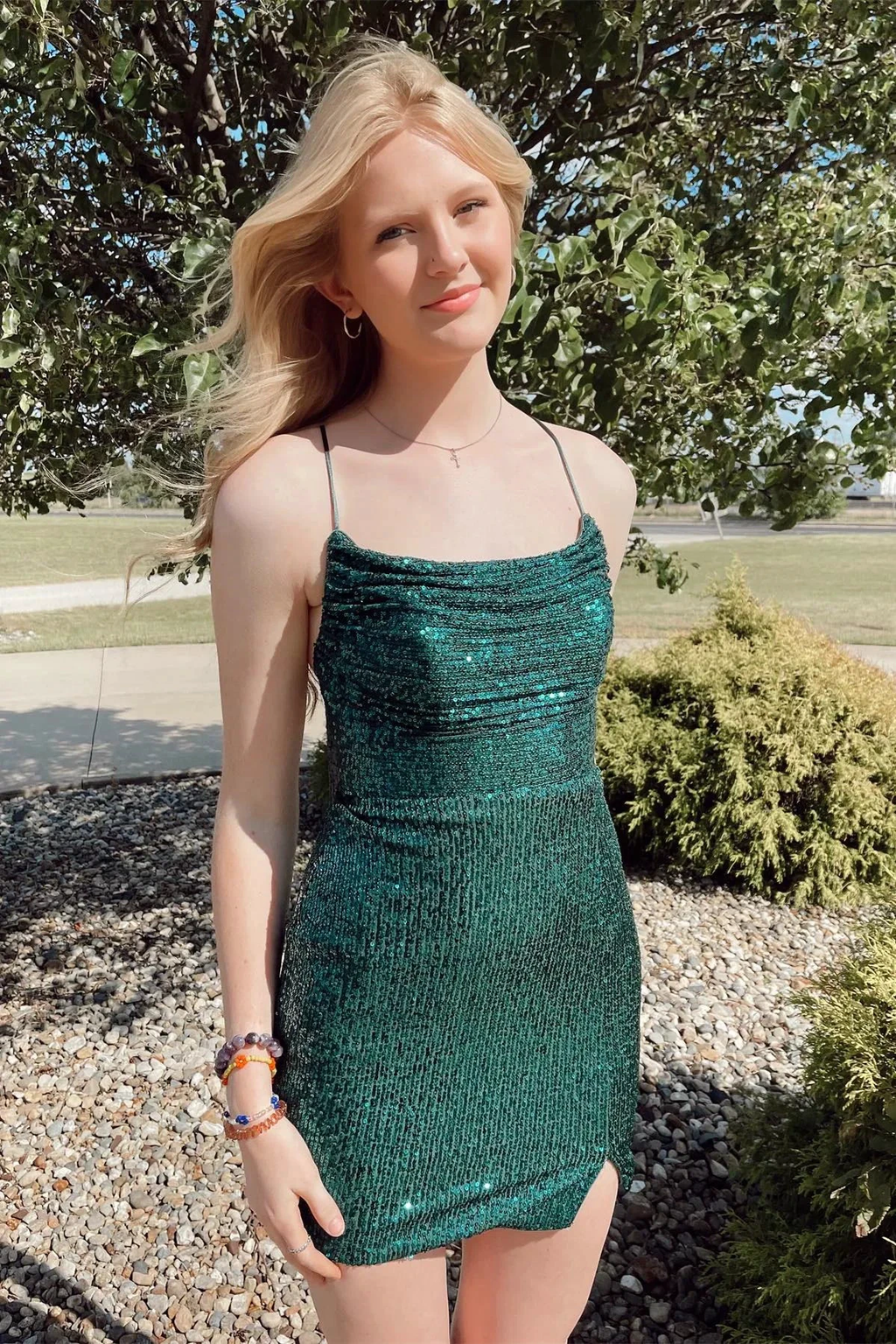 Straps Dark Green Cowl Neck Tight Mini Dress Dark Green Homecoming Dress Y2948