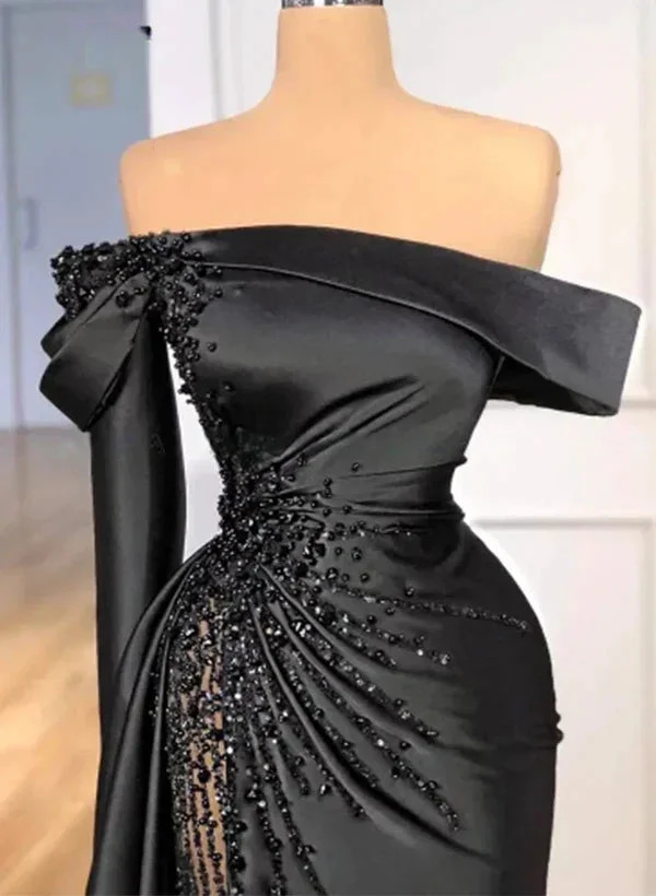 Fashion Black Beaded Satin Sheath Prom Dress Off The Shoulder Long Evening Dress Y8030