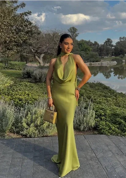 Sexy Halter Green Satin Prom Dress Lonr Evening Dress Y8210