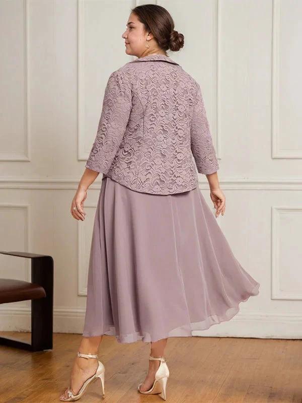 A-line Scoop Tea-Length Lace Chiffon Mother of the Bride Dress