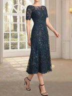A-line Scoop Illusion Tea-Length Lace Mother of the Bride Dress With Sequins