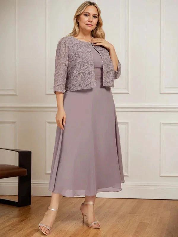 A-line Scoop Tea-Length Chiffon Mother of the Bride Dress With Pleated