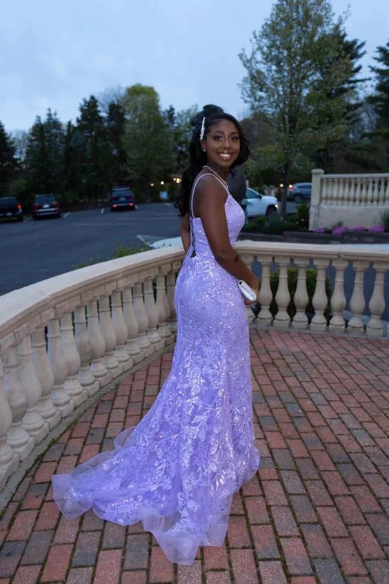 Elegant Lilac Lace Mermaid Evening Dress Lilac Evening Gown Y6478