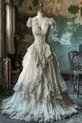 Vintage Ivory Lace Chiffon Ball Gown .Long A Line Wedding Dress Prom Dress Y8029