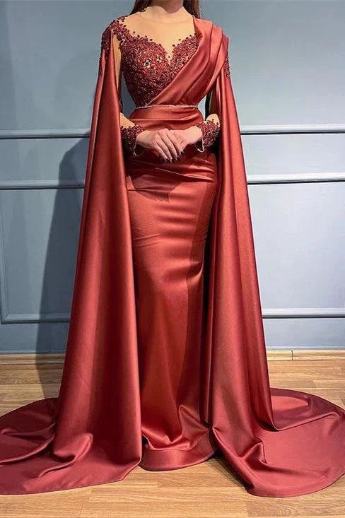 Long Sleeves Beads Mermaid Appliques Prom Dress With Ruffles