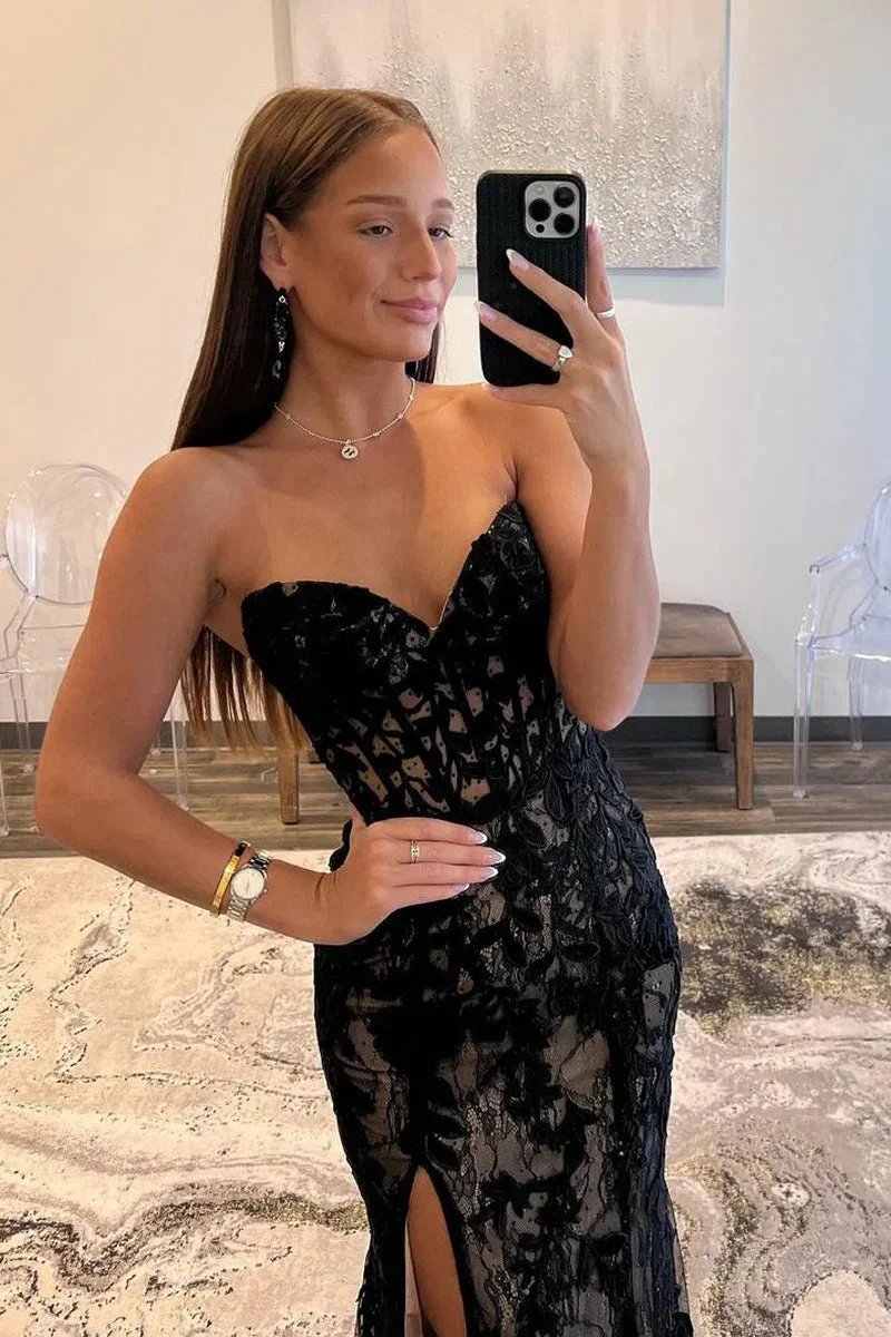 Lyric |Mermaid Strapless Lace Prom Dress with Slit