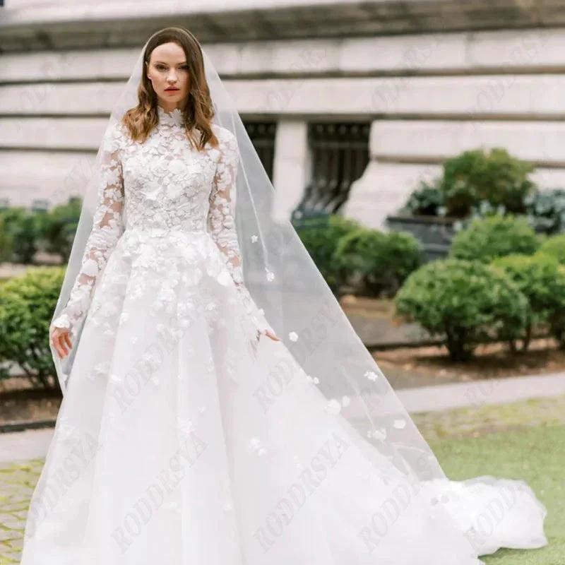 Princess Long Sleeve Wedding Dress For Women Romantic Lace High Neck Bride Party Gorgeous Applique Boho Bridal Gown