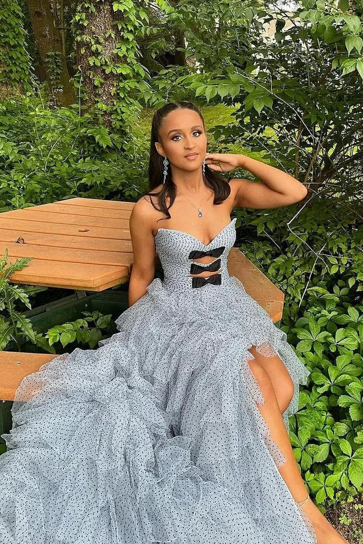 Polka Dot Strapless Ruffle Tiered Prom Gown with Keyholes