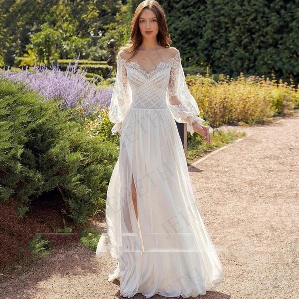 Wedding Dresses Boho Beach Lace Long Sleeves Split Vestidos De Novia Elegant Bohemian Bridal Gown Chiffon Illusion O Neck
