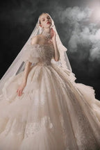Opulent Off-the-Shoulder Ball Gown Tulle Puff Sleeve Beaded Lace Wedding Dress with Layered Ruffled Train & Choker Q6001