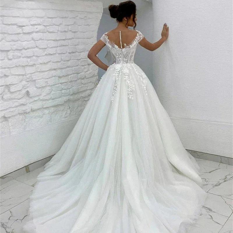 Princess Lace Tulle A Line Wedding Dress Sweetheart Cap Sleeve 3D Appliques Boho Bridal Gowns For Woman Button Vestidos De Novia