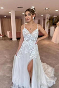 A-Line Floor-Length Sleeveless Spaghetti Straps V-Neck Split Front Wedding Dresses with Appliques