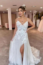 A-Line Floor-Length Sleeveless Spaghetti Straps V-Neck Split Front Wedding Dresses with Appliques