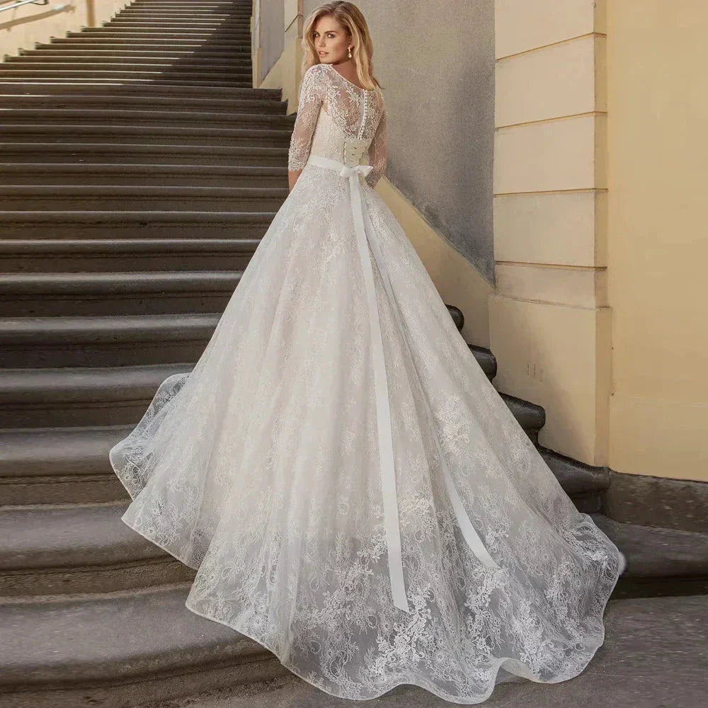 A-Line Luxury Wedding Gowns Lace Applique 3/4 Sleeve Wedding Party Bridal Dresses Vestidos Baratos Con Envio Gratis Robe De