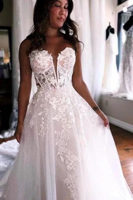 A-Line Sleeveless Floor-Length Tulle Sweetheart Wedding Dresses with Appliques